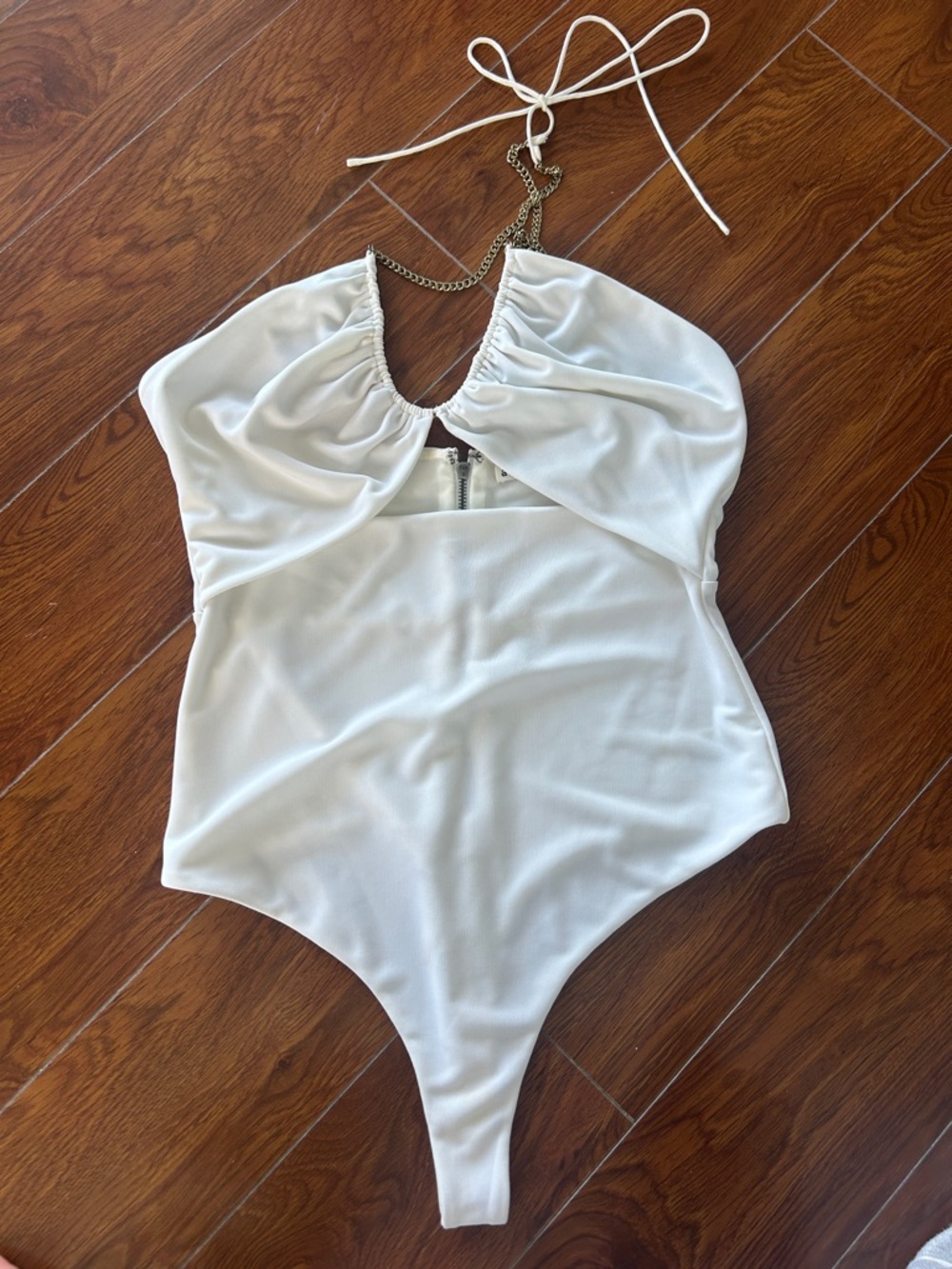 Alice + Olivia White Halter Top with Chain Accent